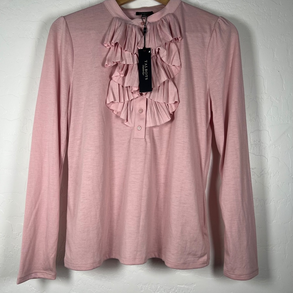 Talbots Petites Pink Ruffle Bib Long Sleeve Knit Top M ID1844